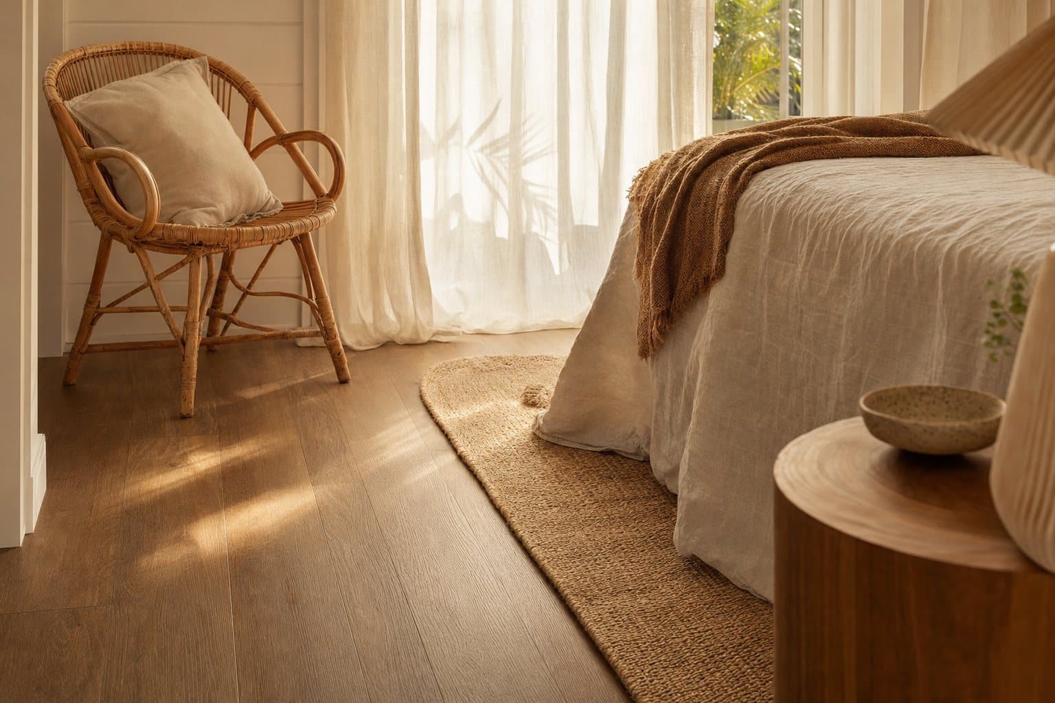 Calm bedroom with wood-look vinyl flooring