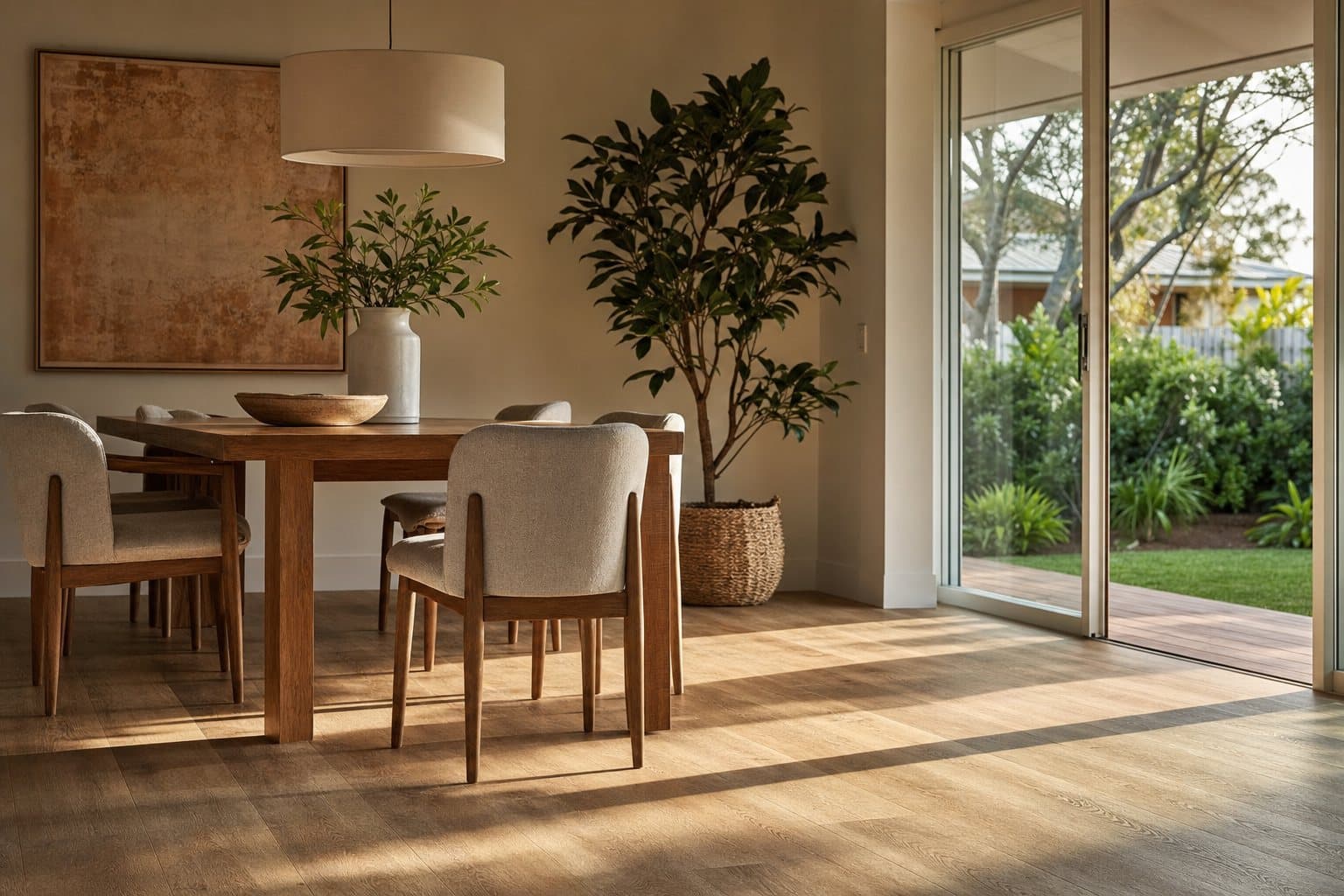 Dining area with warm oak-look vinyl plank flooring in afternoon light