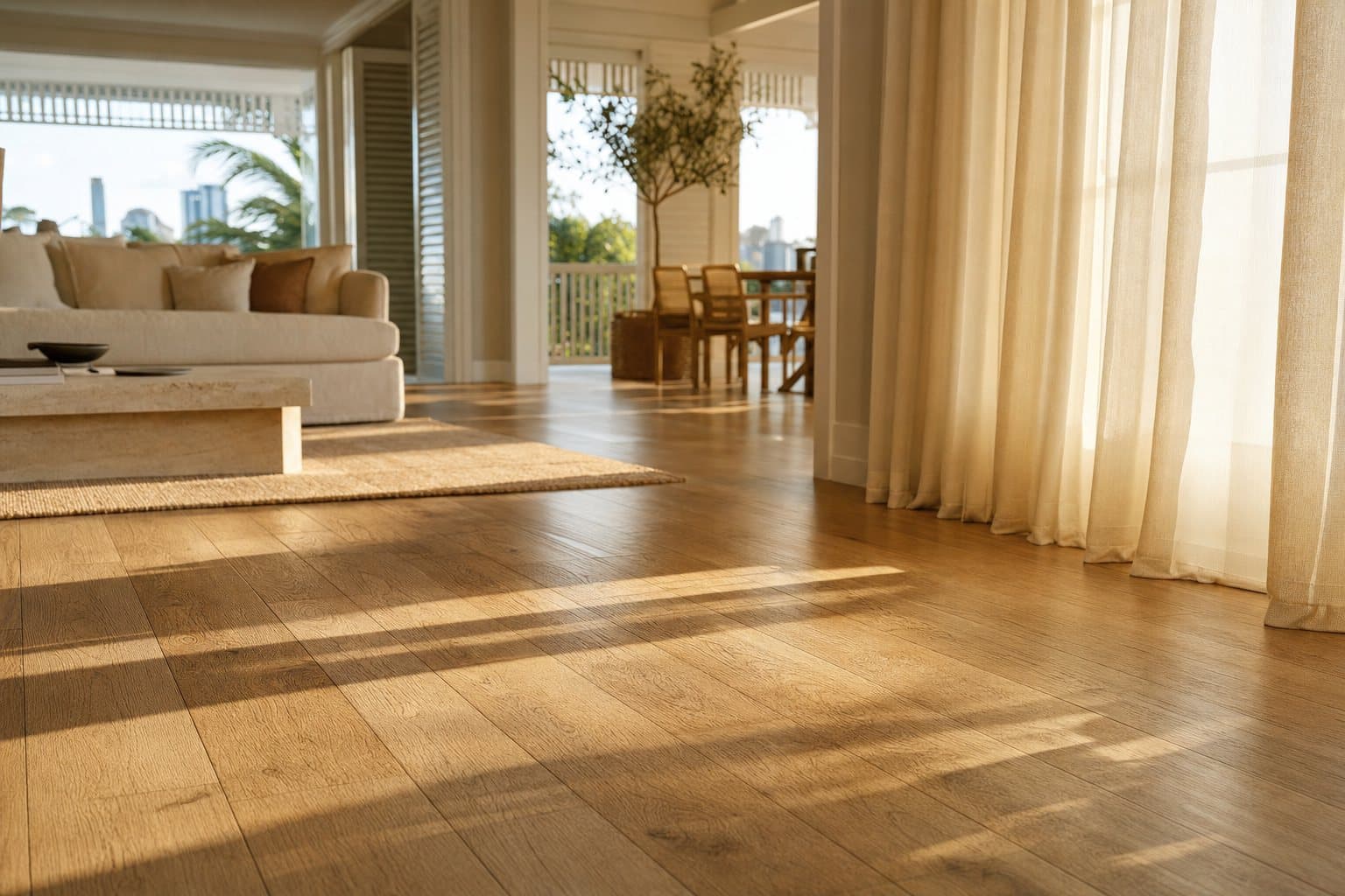A clean wood-look vinyl plank floor in a Brisbane living room