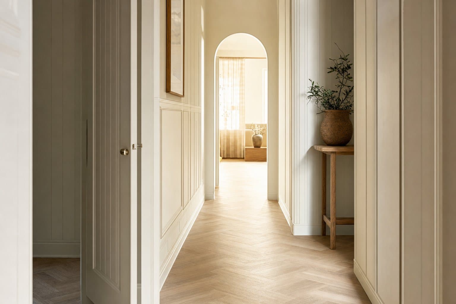 A hallway laid with wood-look vinyl planks in a herringbone pattern
