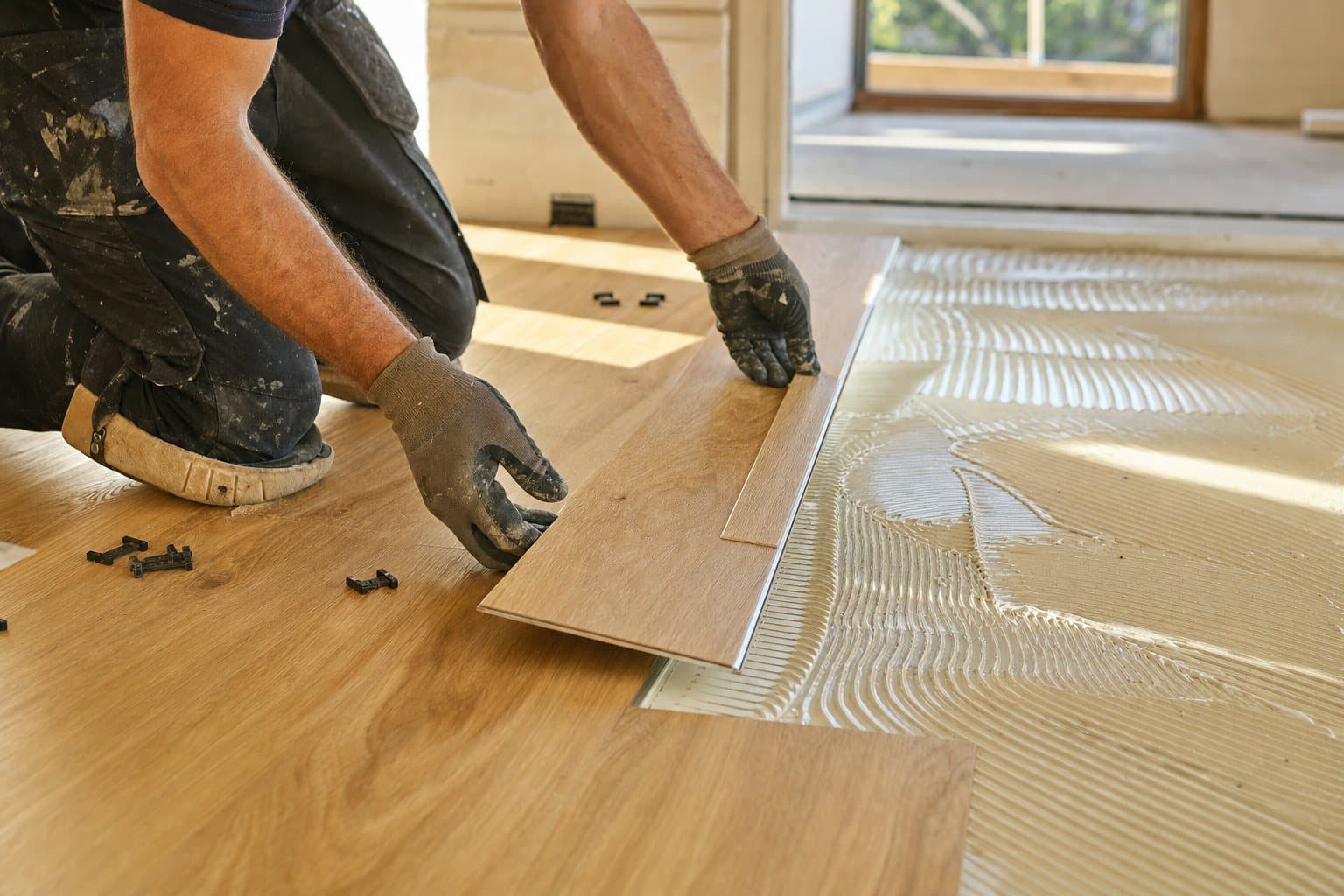 An installer laying glue-down vinyl planks on a prepared subfloor