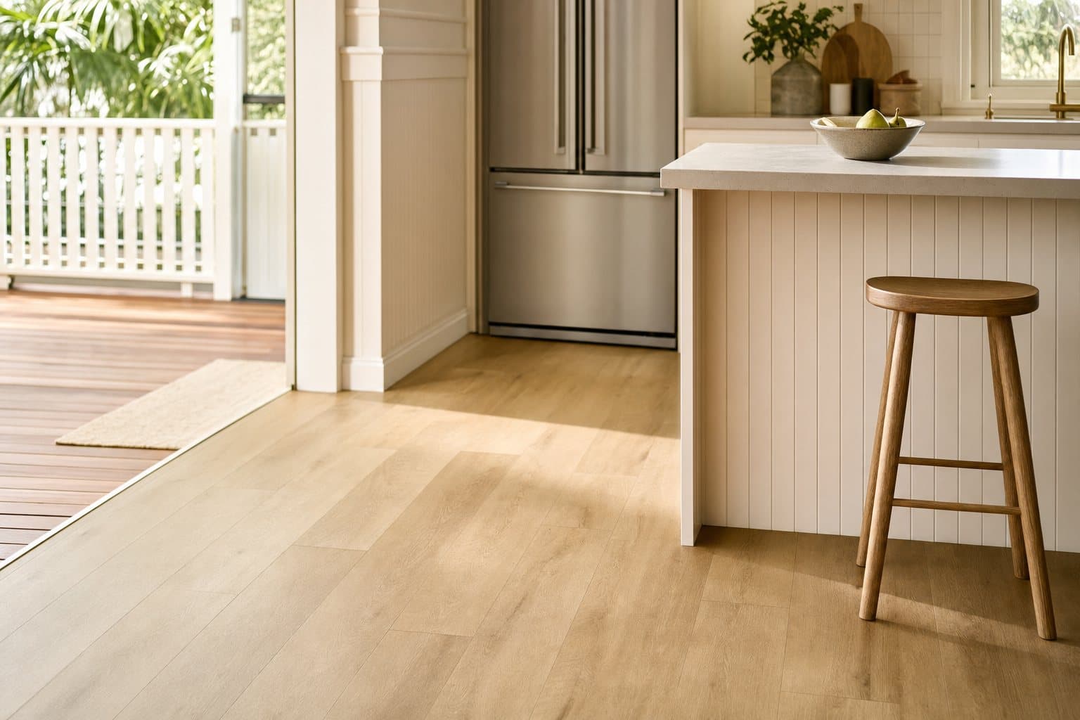 Timber-look vinyl plank running through an open Brisbane kitchen