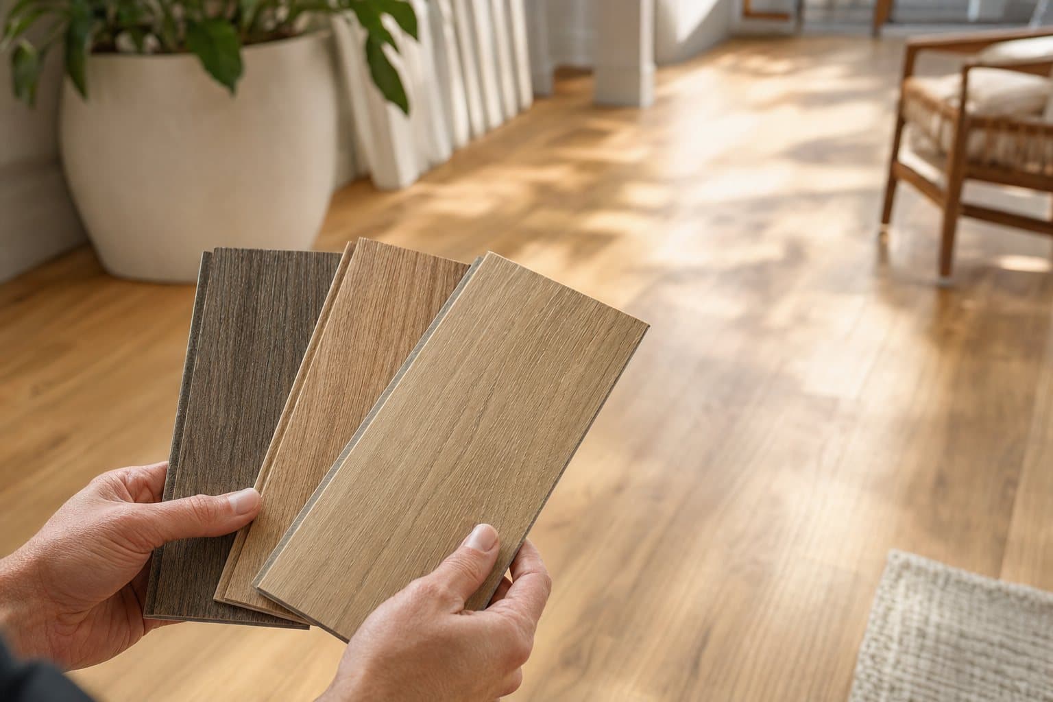 Comparing vinyl plank samples in natural light at home