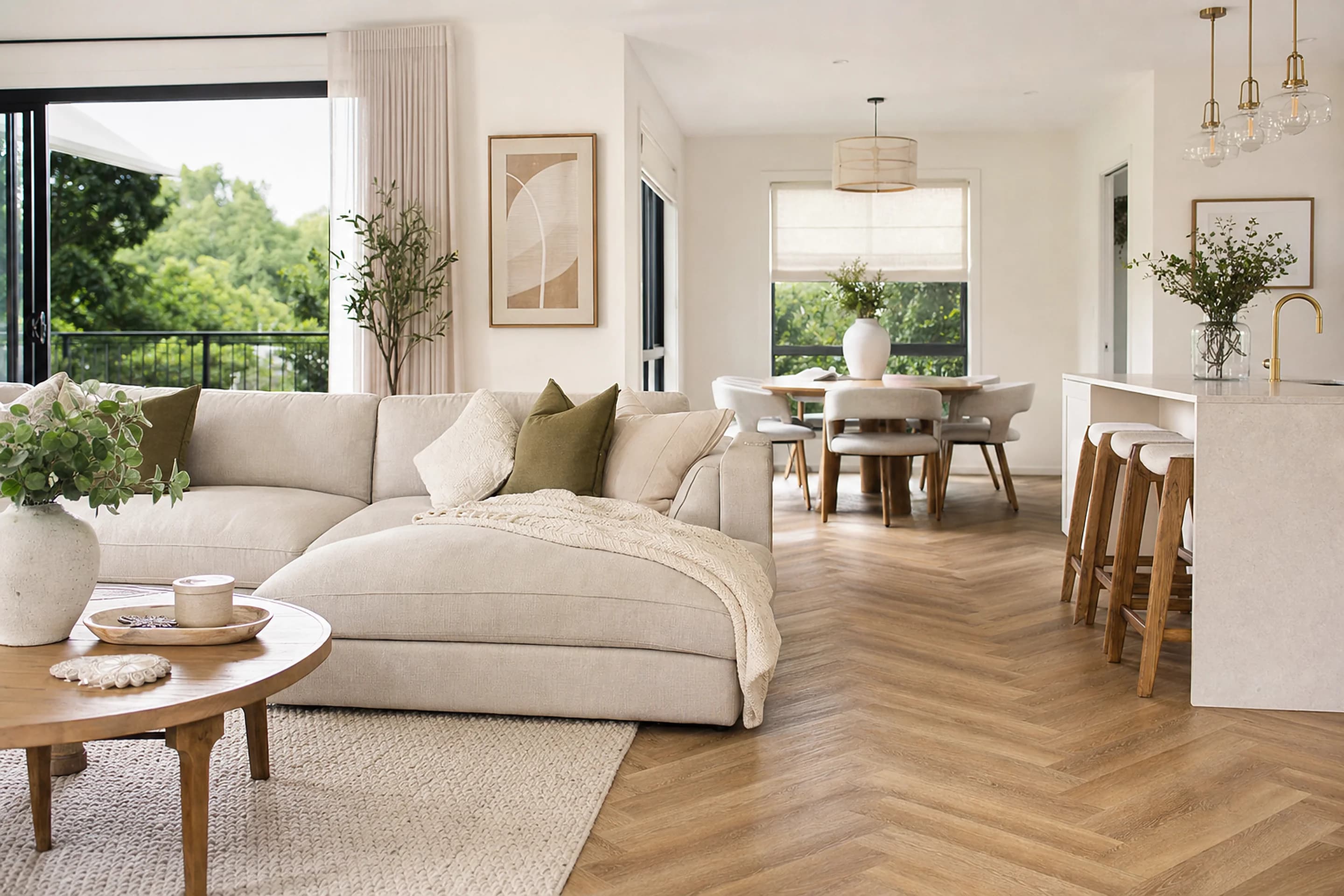 Herringbone pattern vinyl flooring laid through a wide Brisbane interior