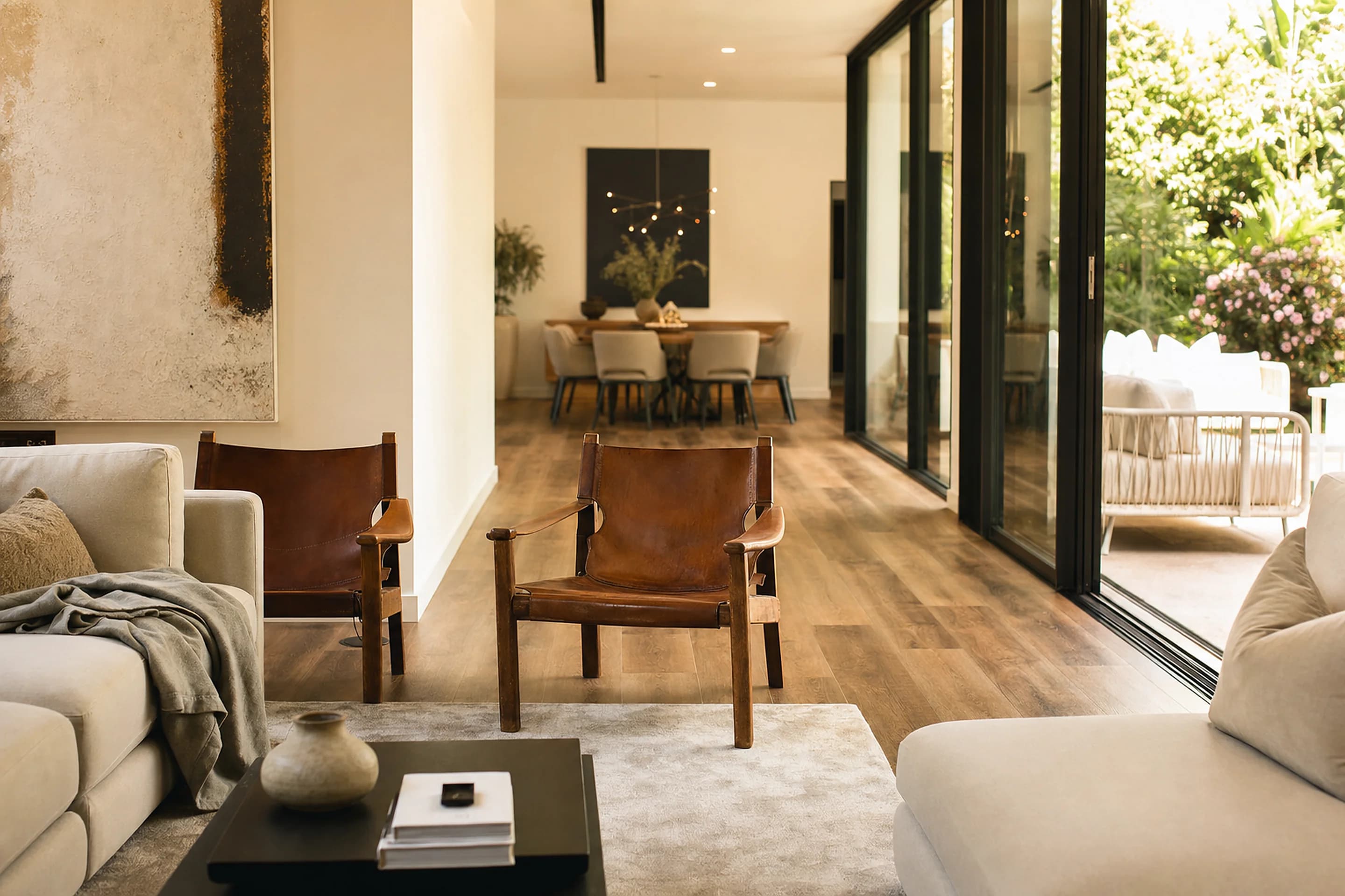 Luxury vinyl plank flooring running through a Brisbane living and dining space
