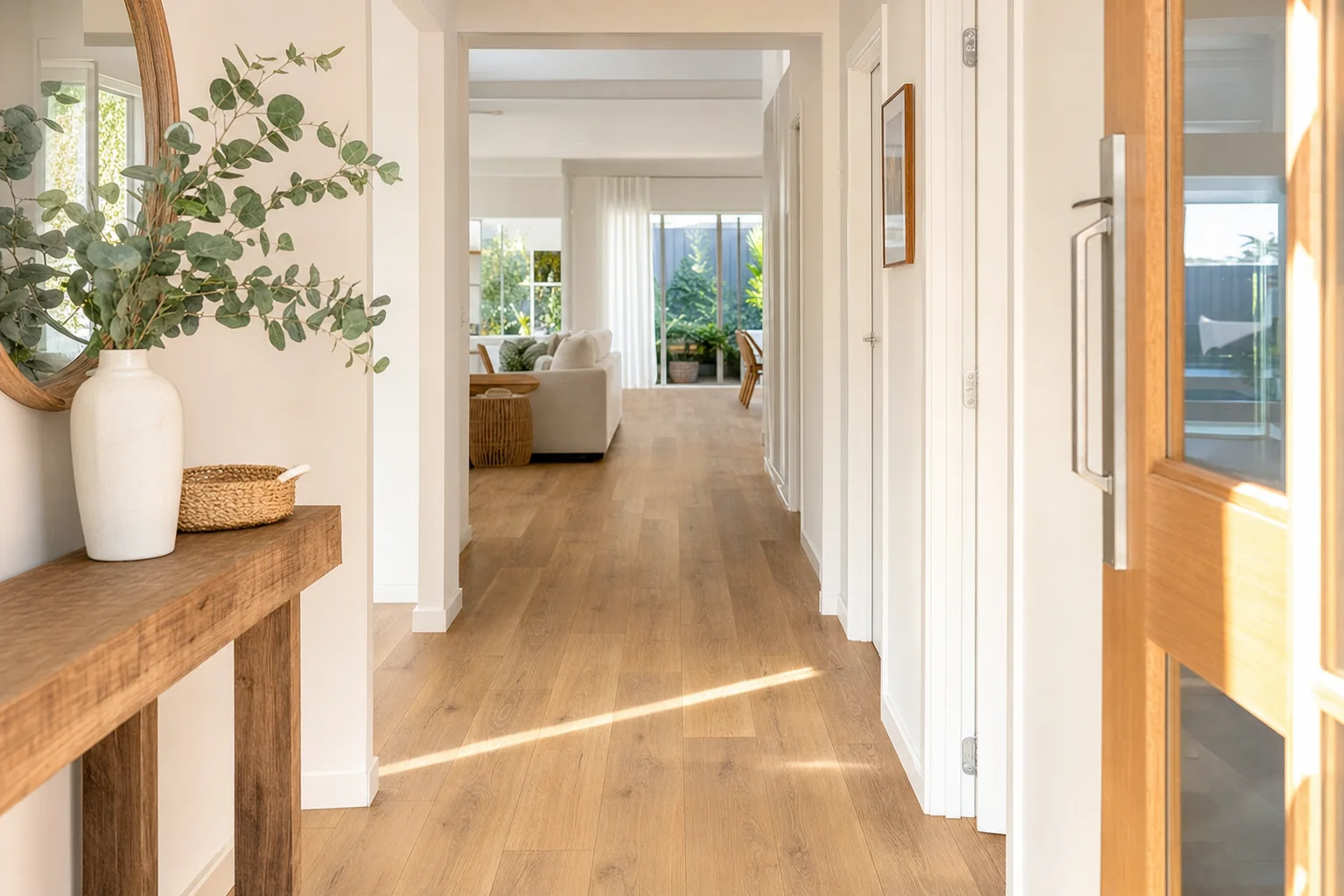 Vinyl plank flooring running the length of a Brisbane hallway