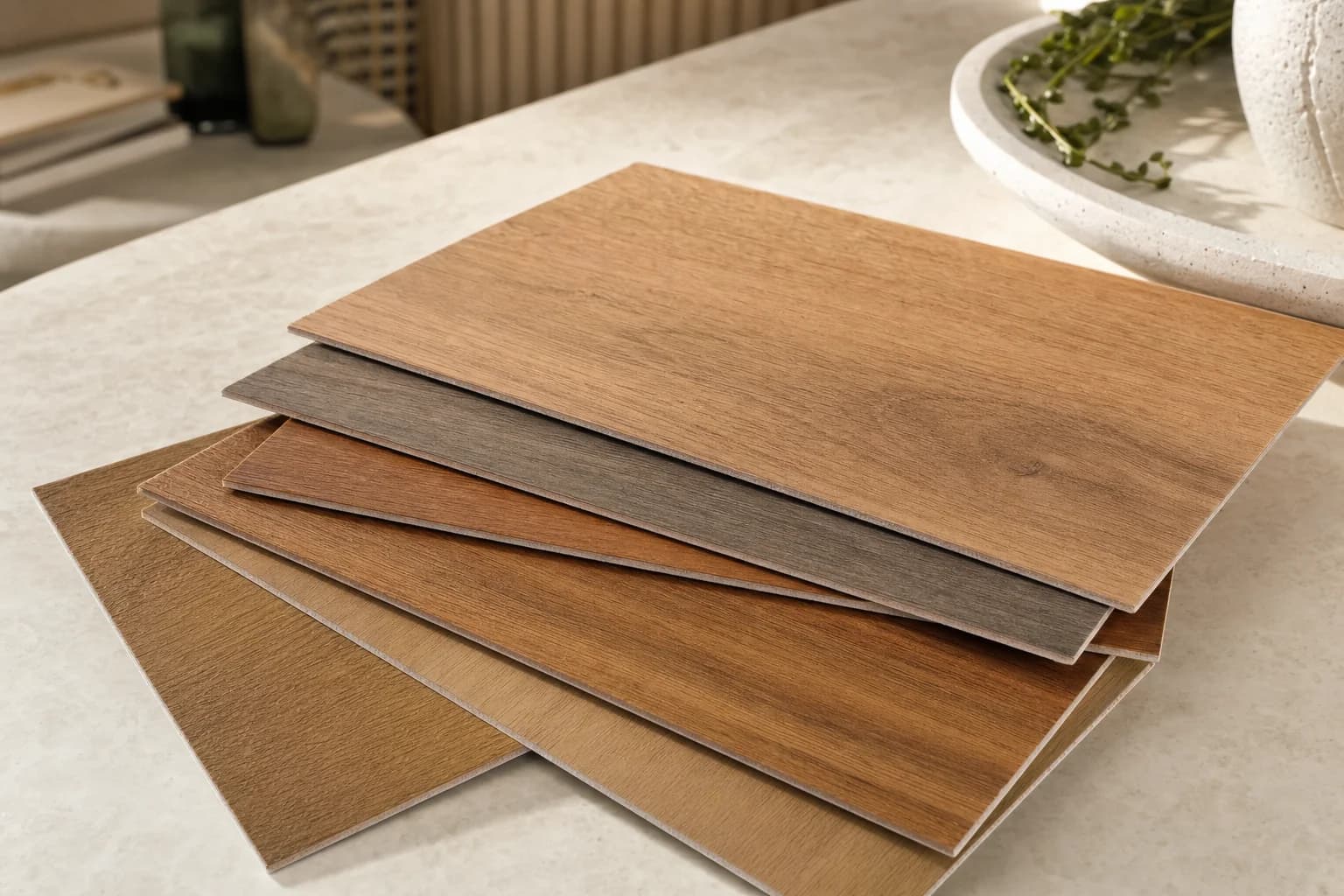 Vinyl plank samples laid out on a Brisbane floor in daylight