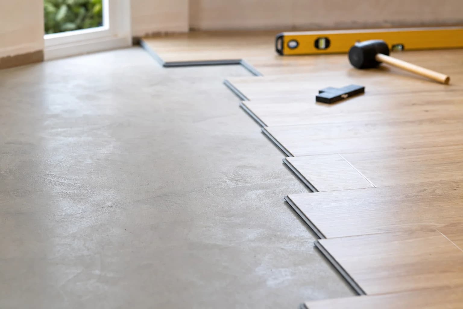 A subfloor being levelled and prepared before vinyl plank goes down