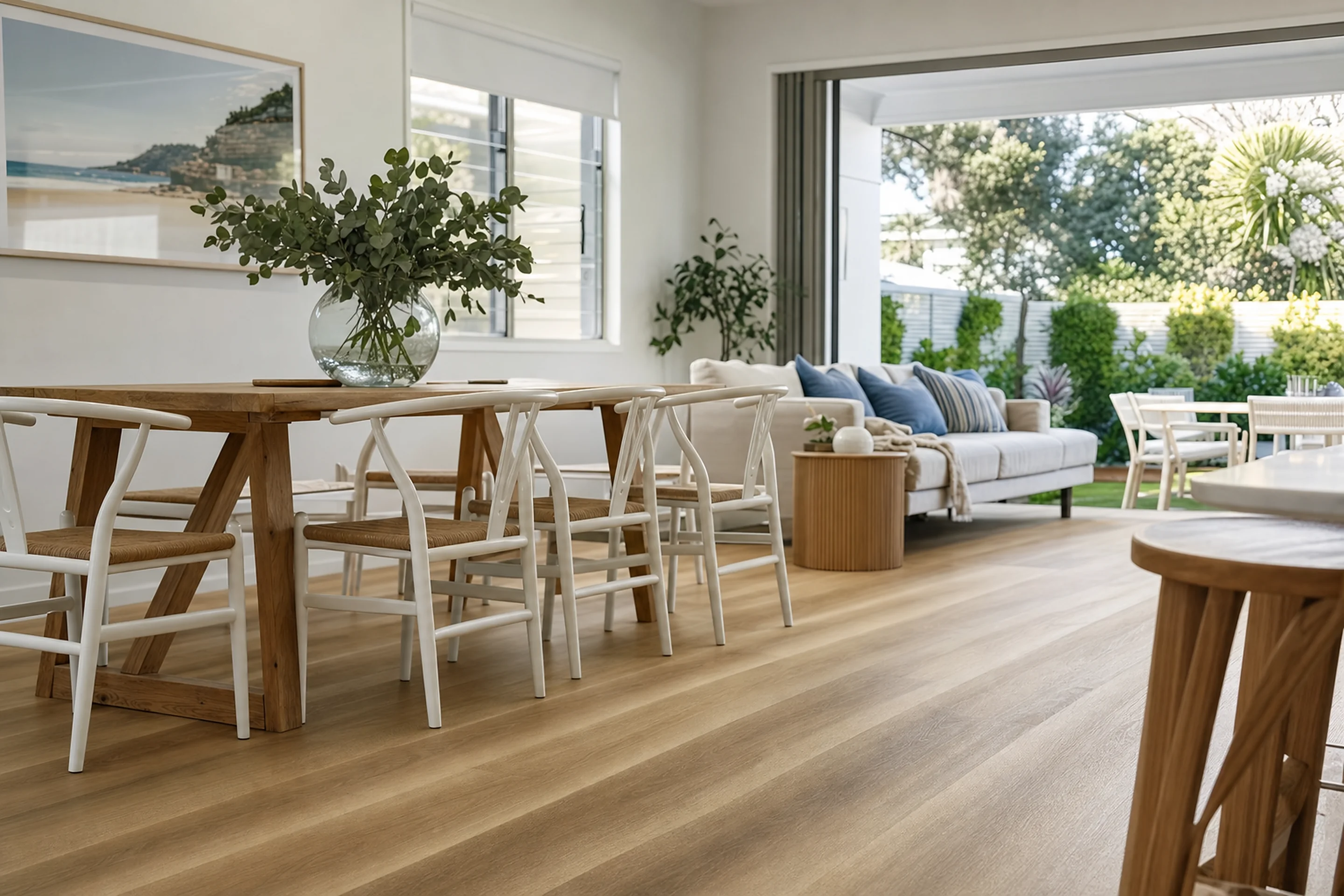 Timber-look vinyl plank flooring running through a bright Brisbane open-plan room